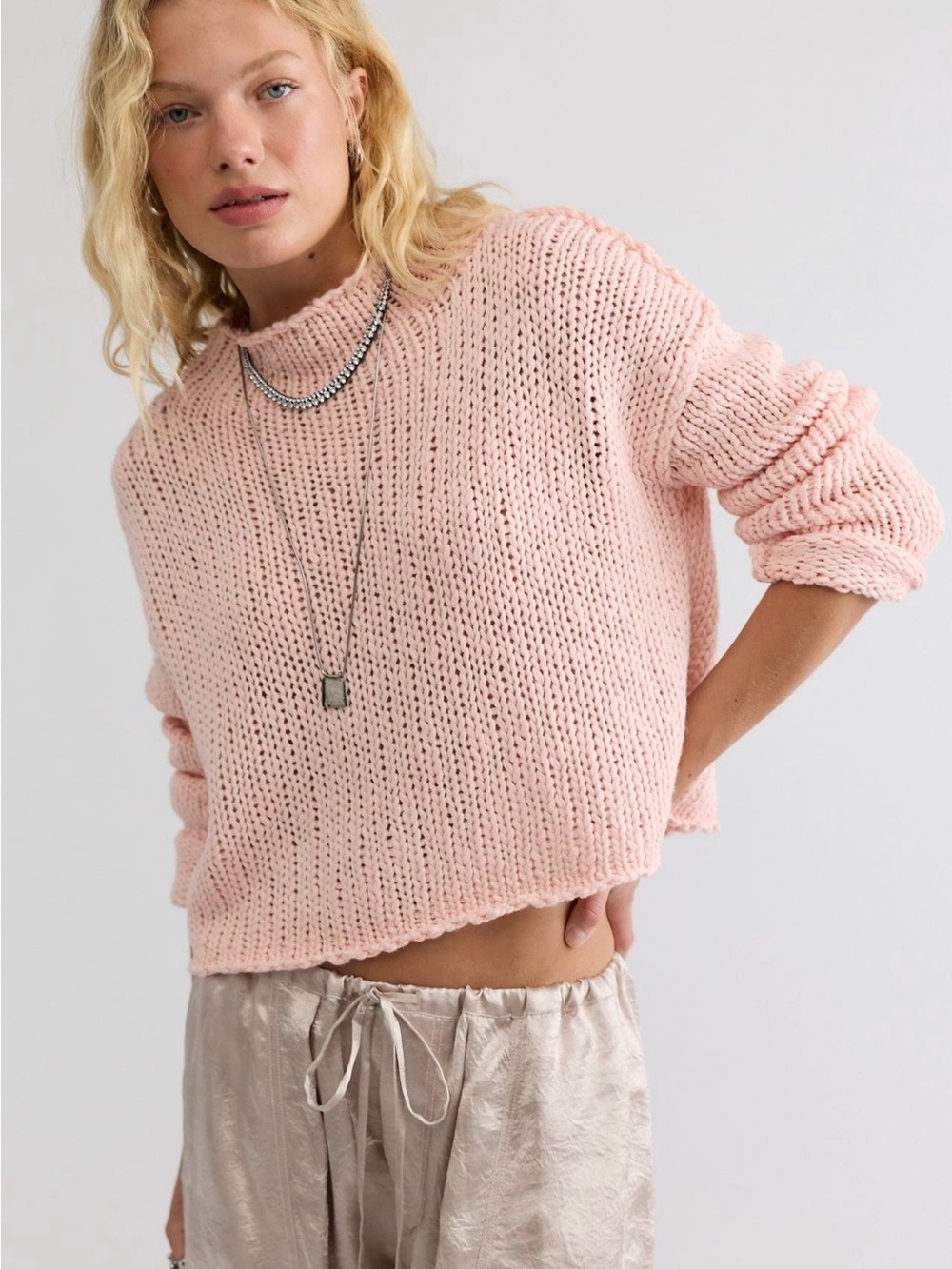 Free People Opal Silver Peony Rollneck - Blush Pink Cropped Crewneck Sweater